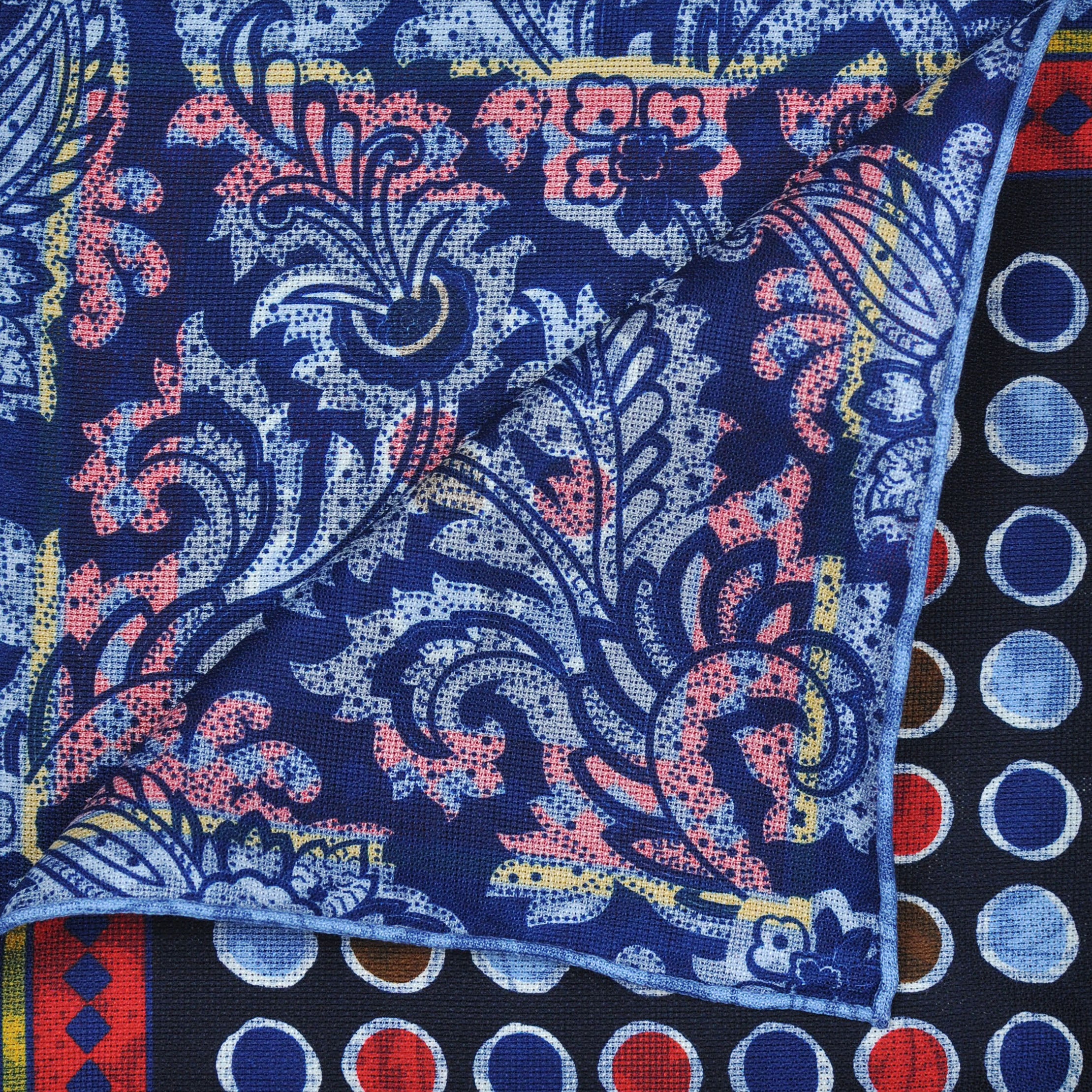 Dots & Paisley Reversible Panama Silk Pocket Square in Blues & Red